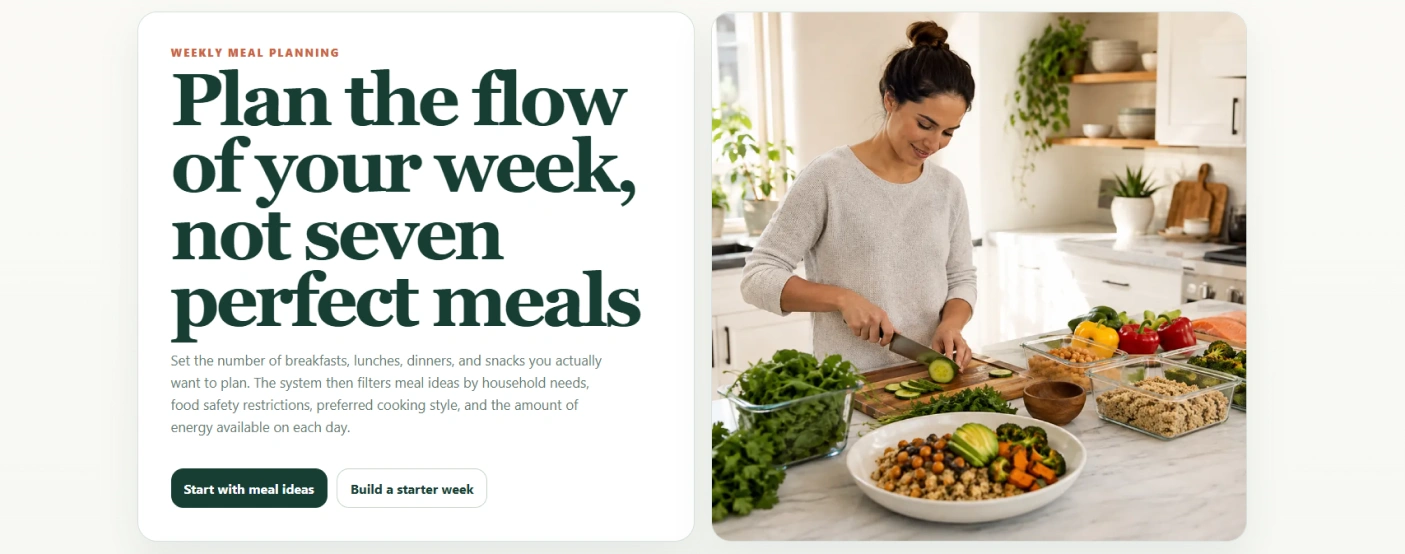 Opening screen of the weekly meal planning system