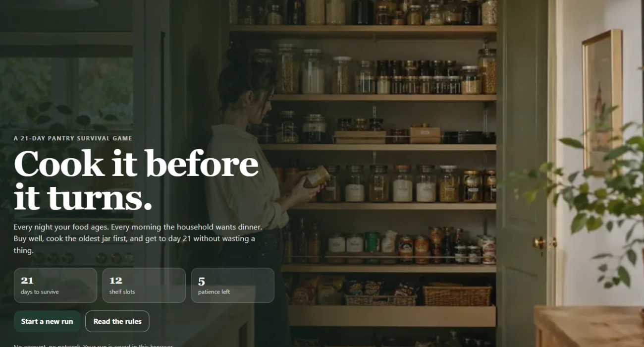 Opening screen of the pantry survival game showing days, shelf slots and patience
