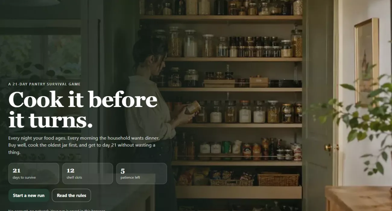 Opening screen of the pantry survival game showing days, shelf slots and patience