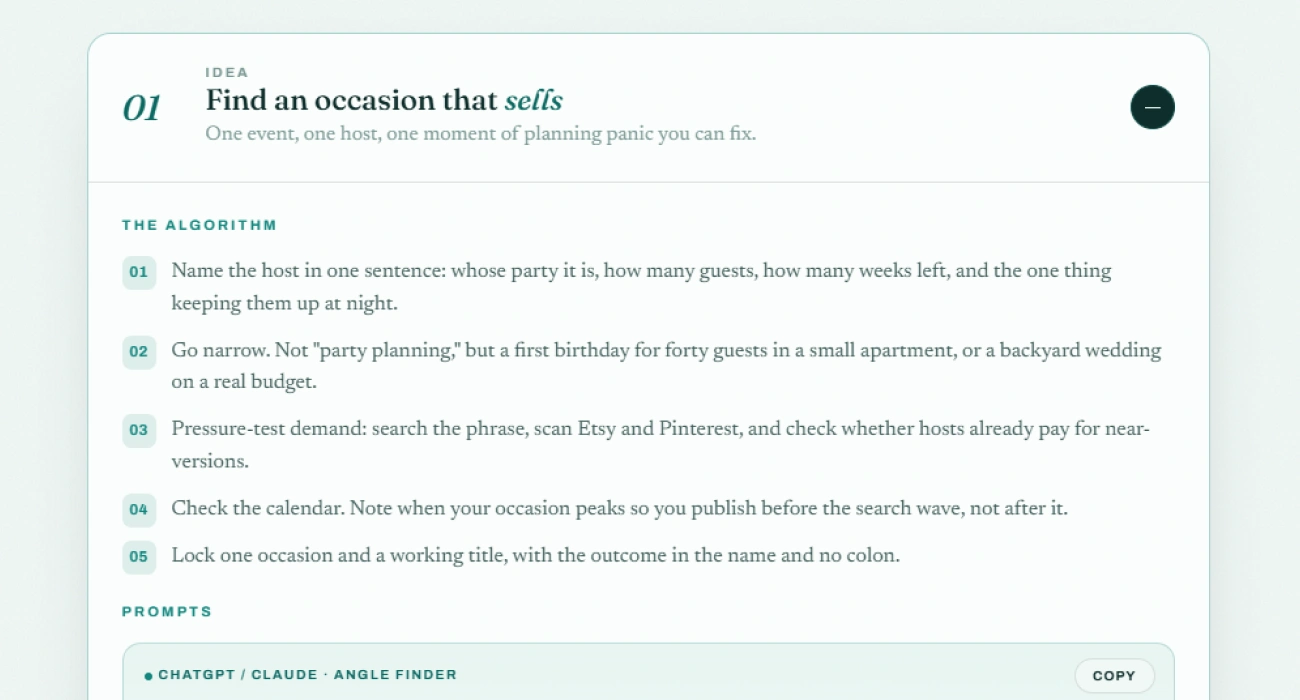 A move opened to reveal its numbered algorithm and the copy-ready prompts underneath