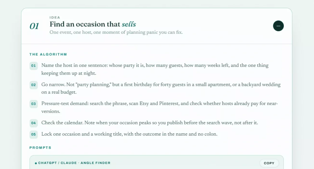 A move opened to reveal its numbered algorithm and the copy-ready prompts underneath