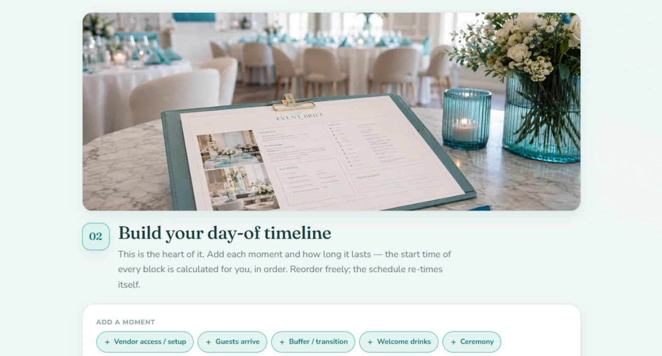 The day-of timeline builder with ready moments to add to the schedule