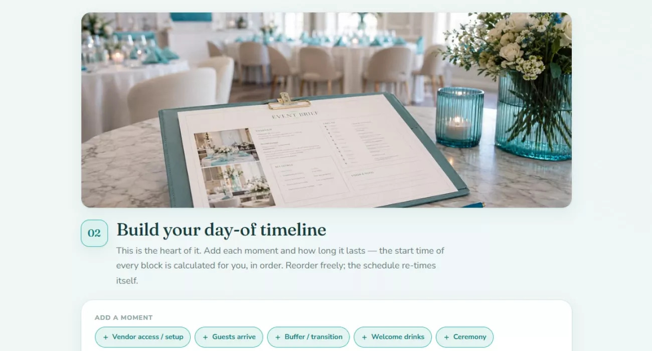 The day-of timeline builder with ready moments to add to the schedule