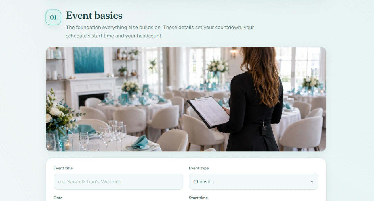 The event basics section with fields for the title, type, date and start time