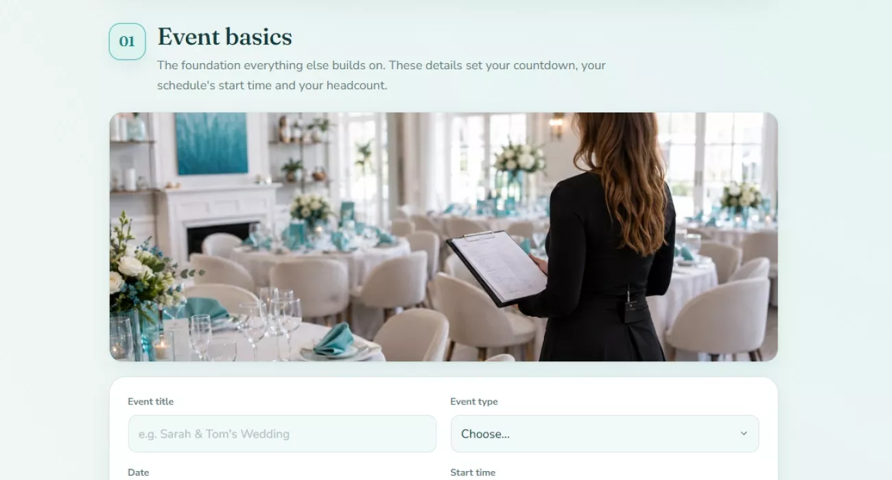 The event basics section with fields for the title, type, date and start time
