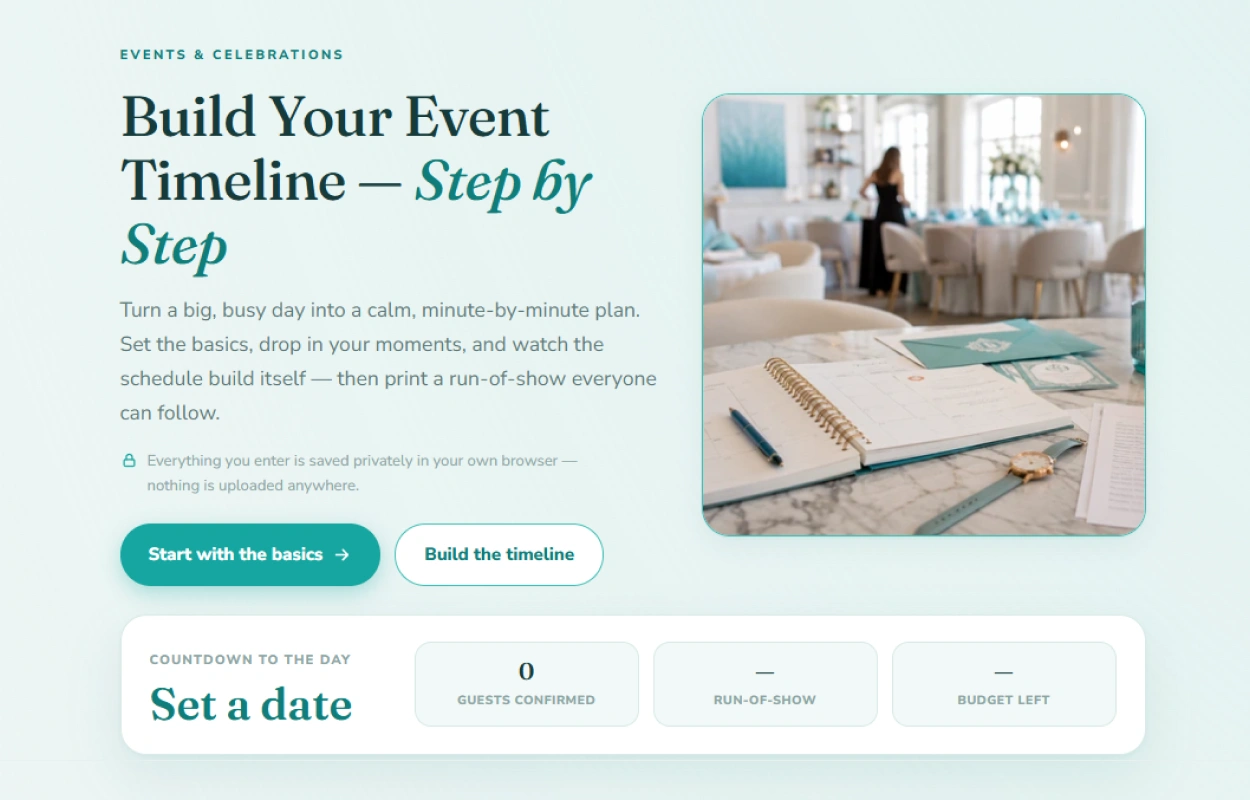 Opening screen of the event timeline planner with a countdown strip showing guests, run-of-show and budget
