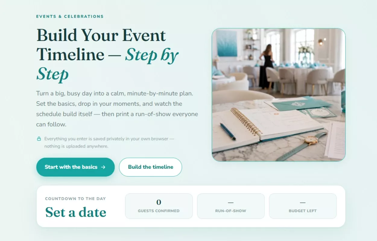 Opening screen of the event timeline planner with a countdown strip showing guests, run-of-show and budget