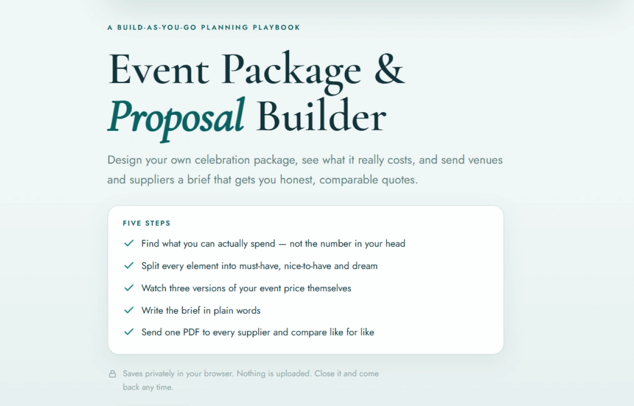 Opening screen of the event package and proposal builder showing its five steps