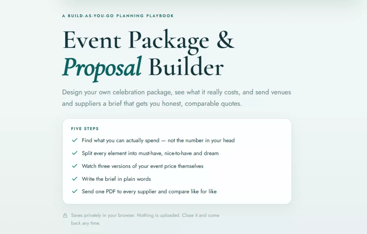 Opening screen of the event package and proposal builder showing its five steps
