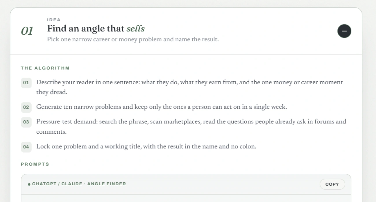 A move opened to reveal its numbered algorithm and the copy-ready prompts underneath