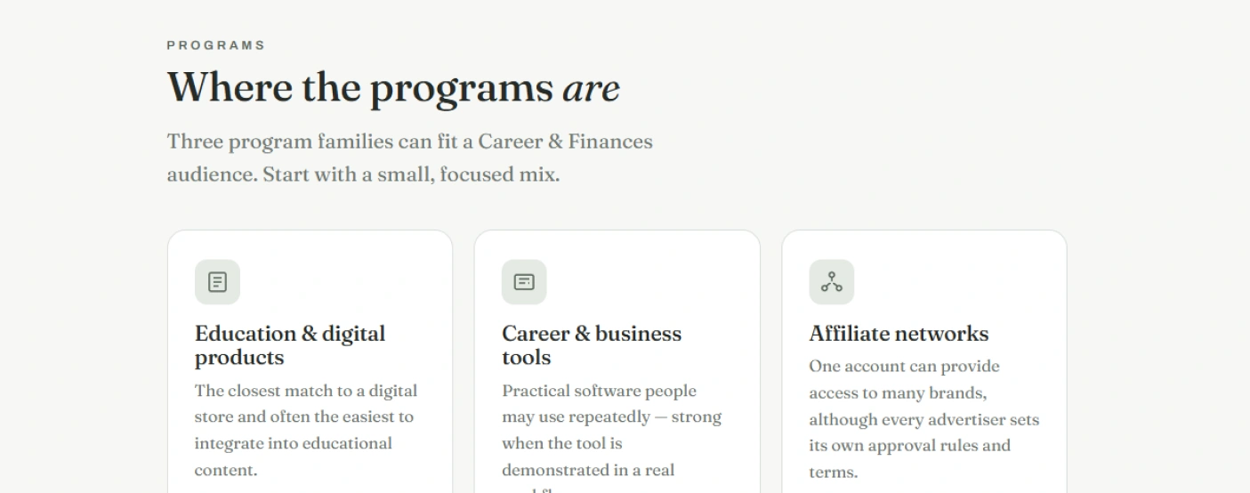 The three families of affiliate programs that suit a career and finances audience
