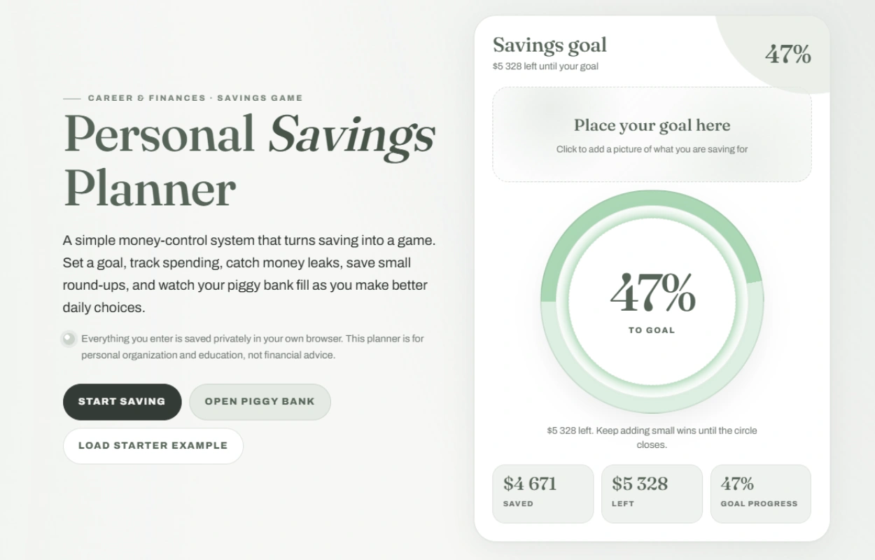 Opening screen of the savings planner showing a goal ring with the amount saved and the amount left