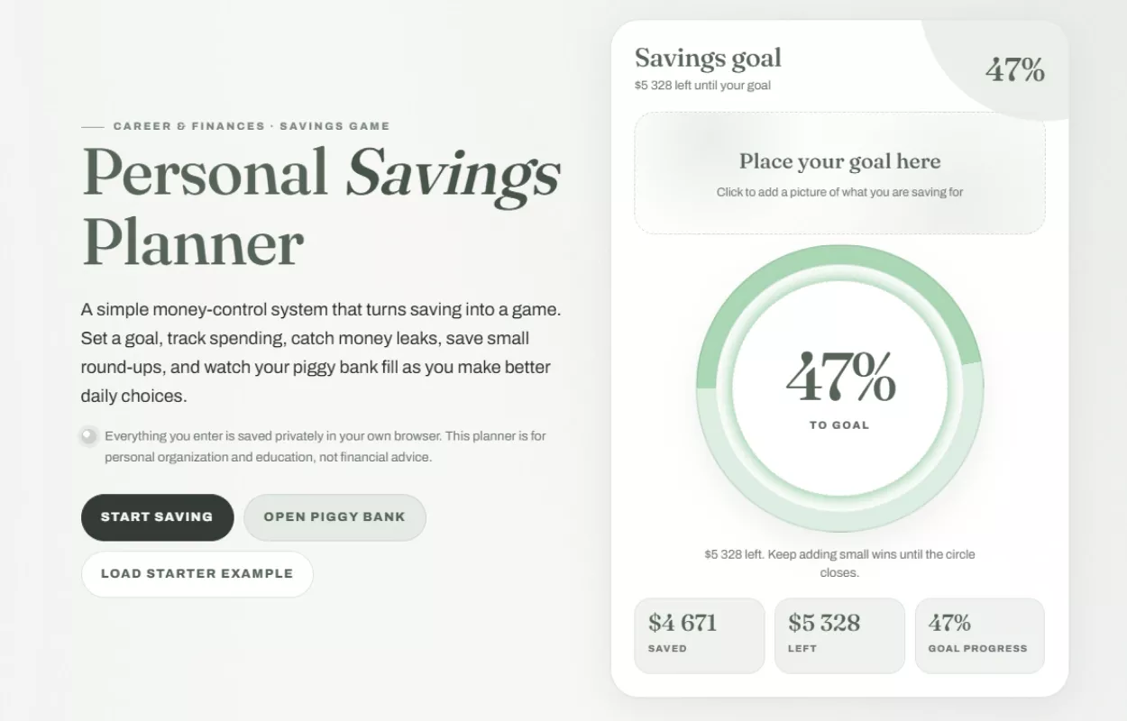 Opening screen of the savings planner showing a goal ring with the amount saved and the amount left
