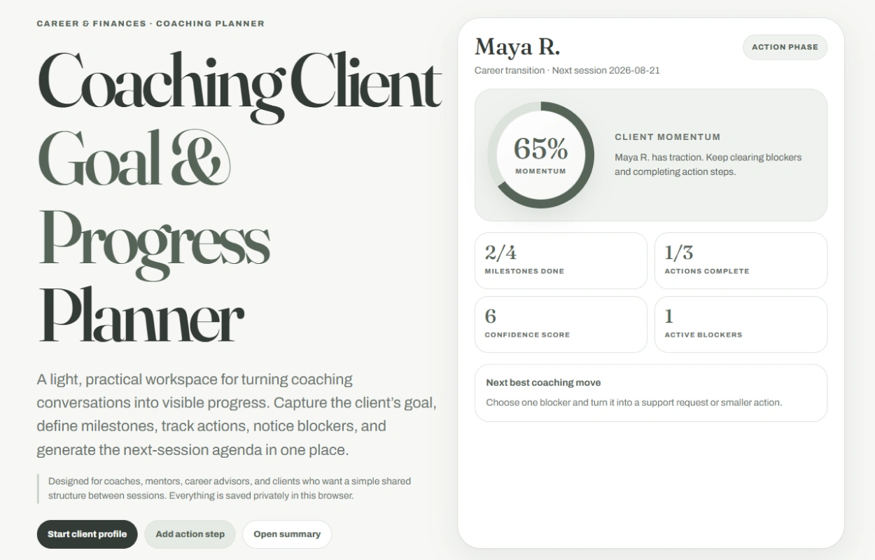 Opening screen of the coaching planner showing a client momentum score with milestones, actions and blockers