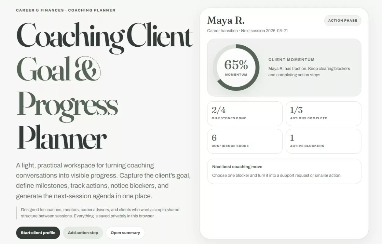 Opening screen of the coaching planner showing a client momentum score with milestones, actions and blockers