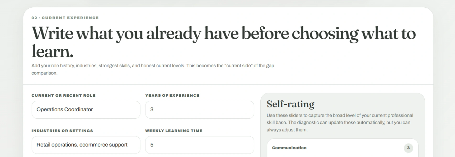 The current experience section with role history, learning time and self-rating sliders