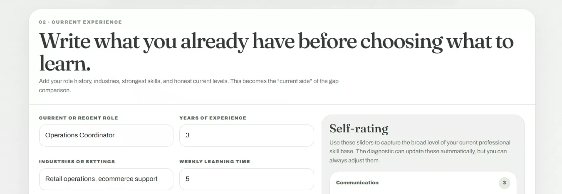 The current experience section with role history, learning time and self-rating sliders