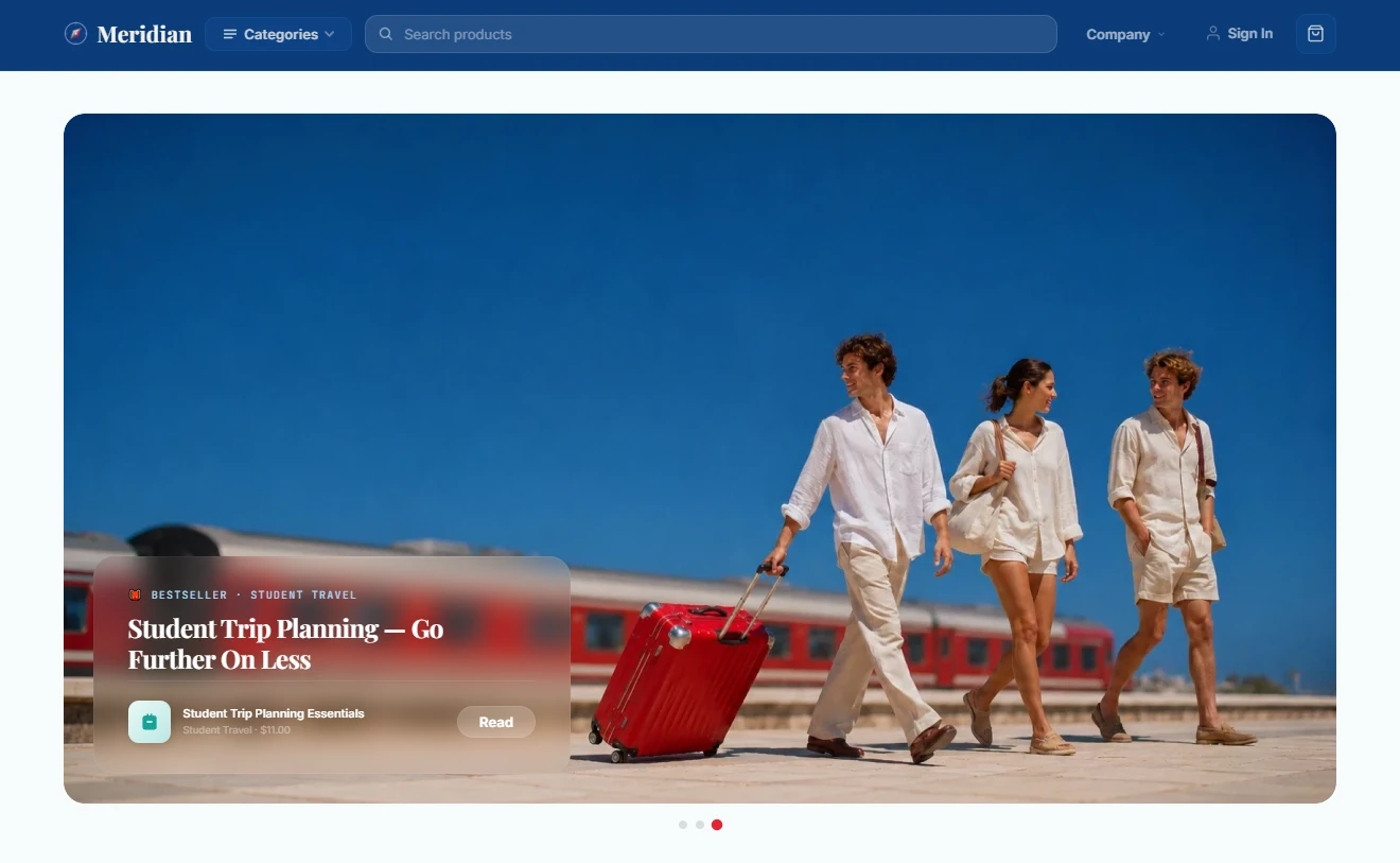 Homepage of the travel store design