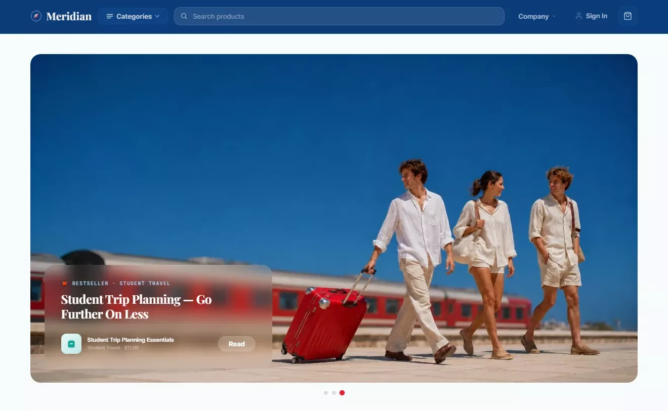 Homepage of the travel store design
