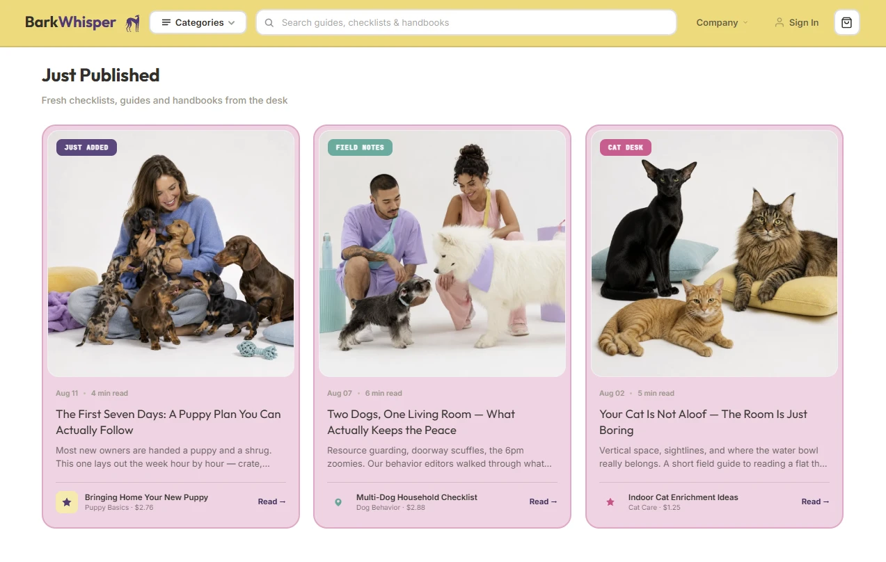 Just Published section of the pet parenting store design