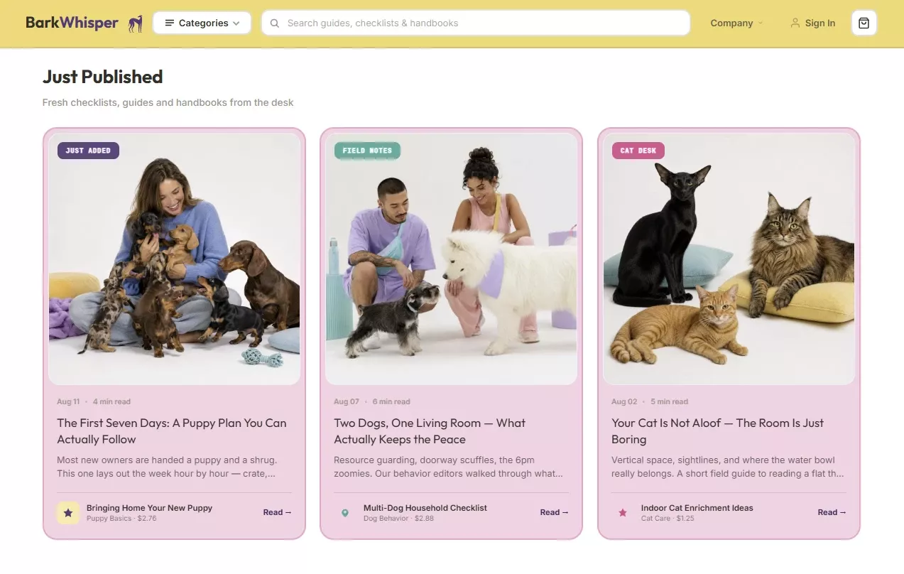 Just Published section of the pet parenting store design
