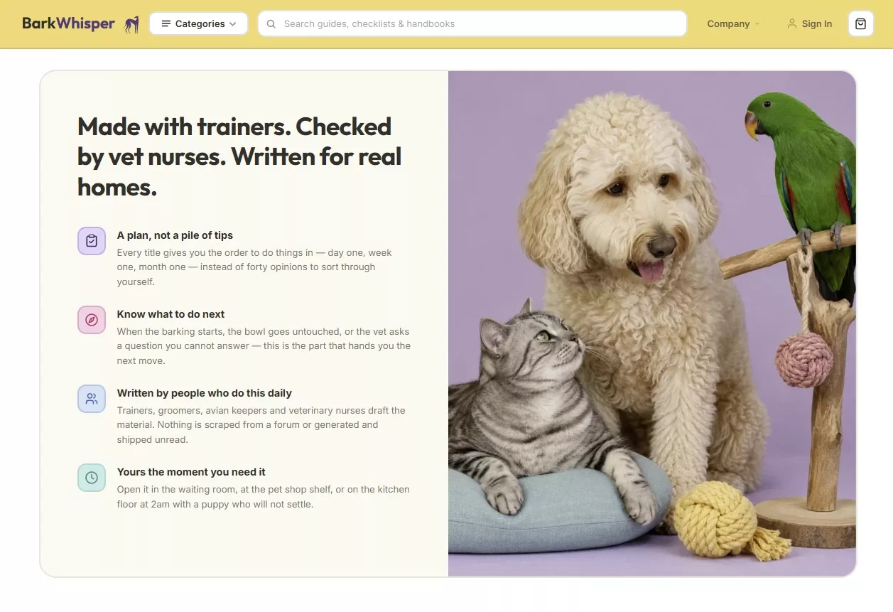Trust pillars section of the pet parenting store design