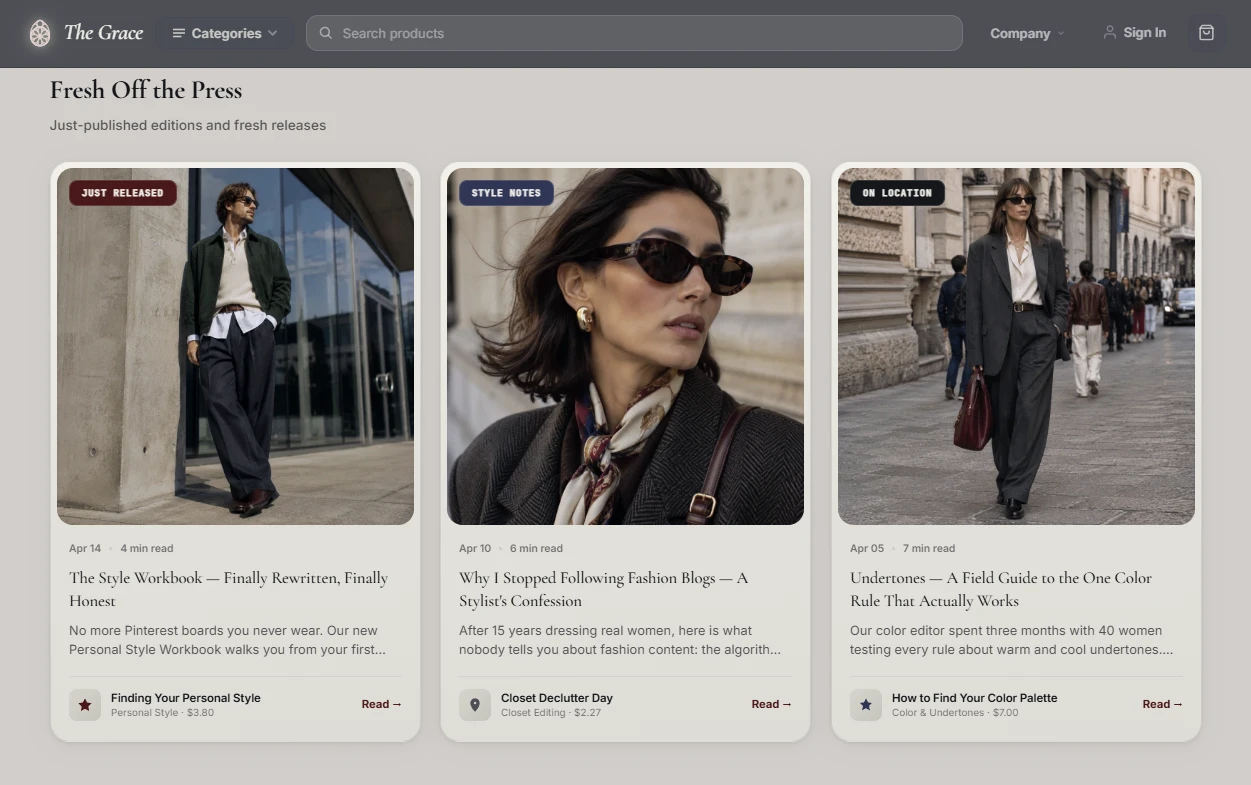 Product page of the personal style and trends store design