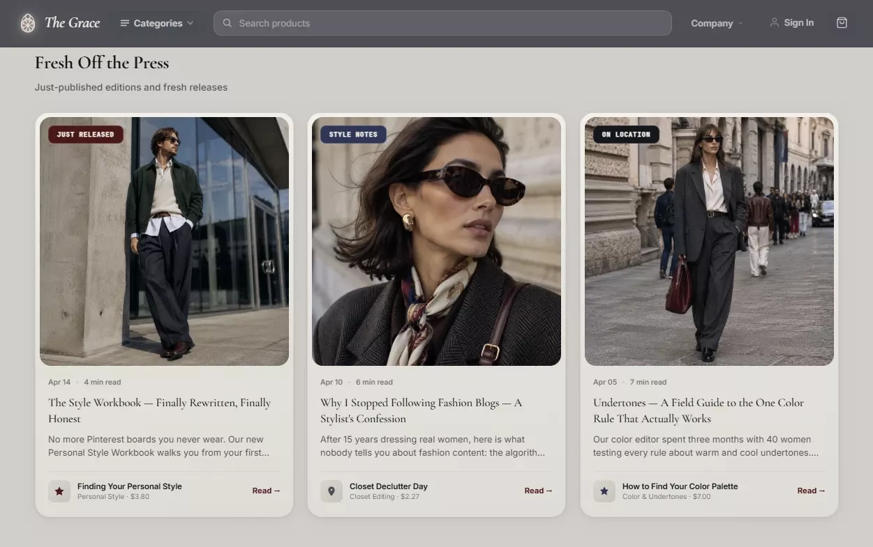 Product page of the personal style and trends store design
