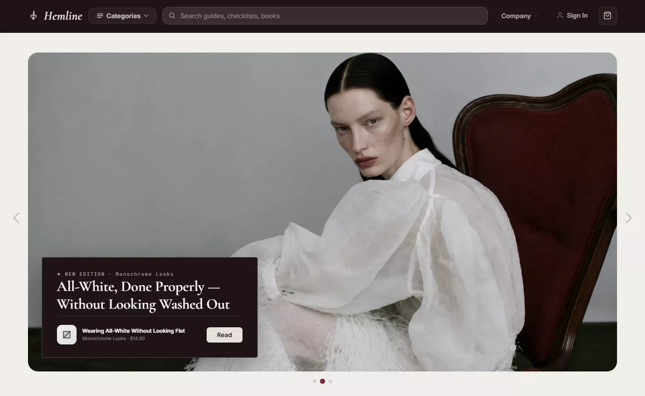 Homepage of the fashion and elegance store design