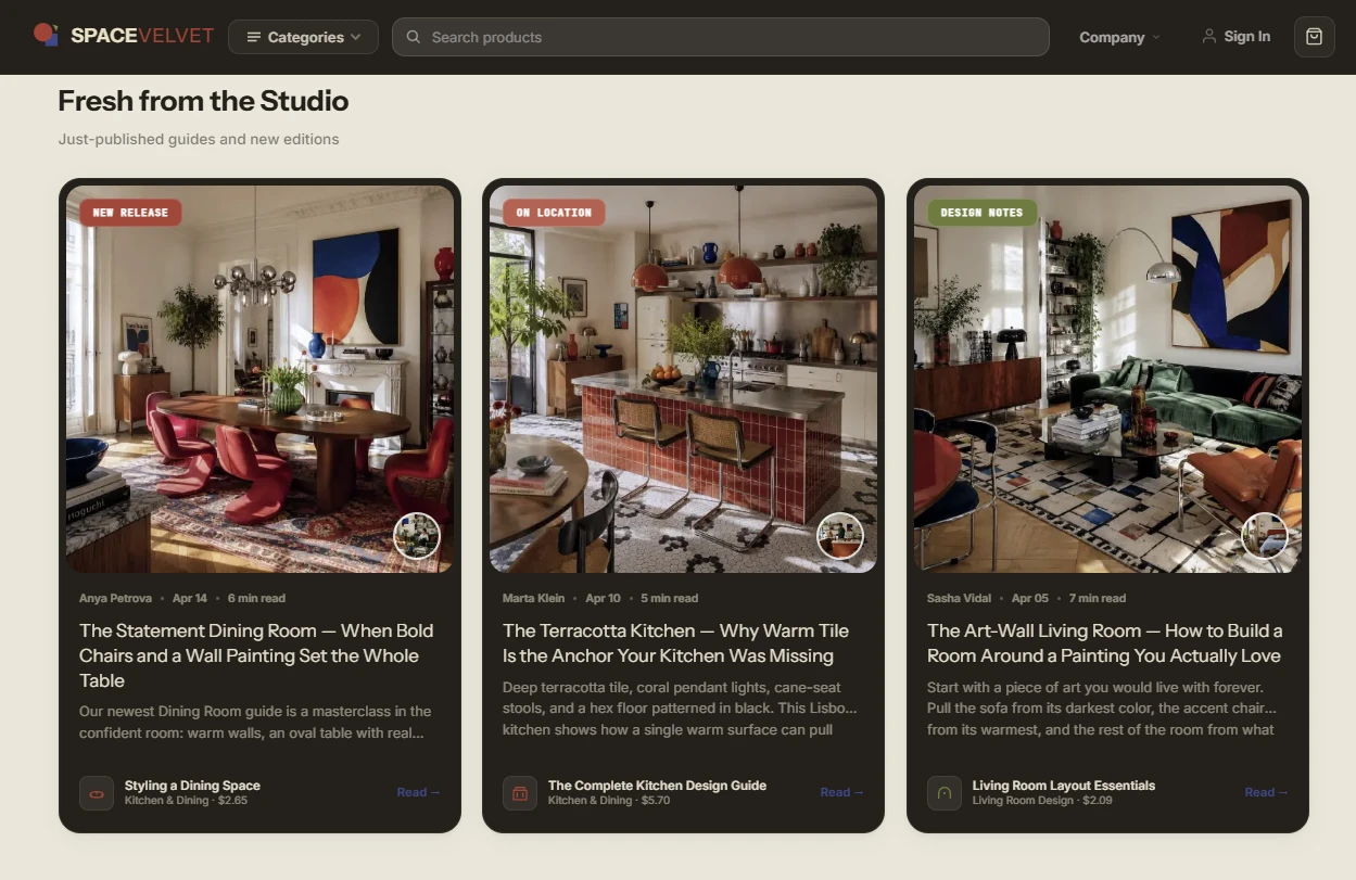 Editorial content section of the home decor and interiors store design