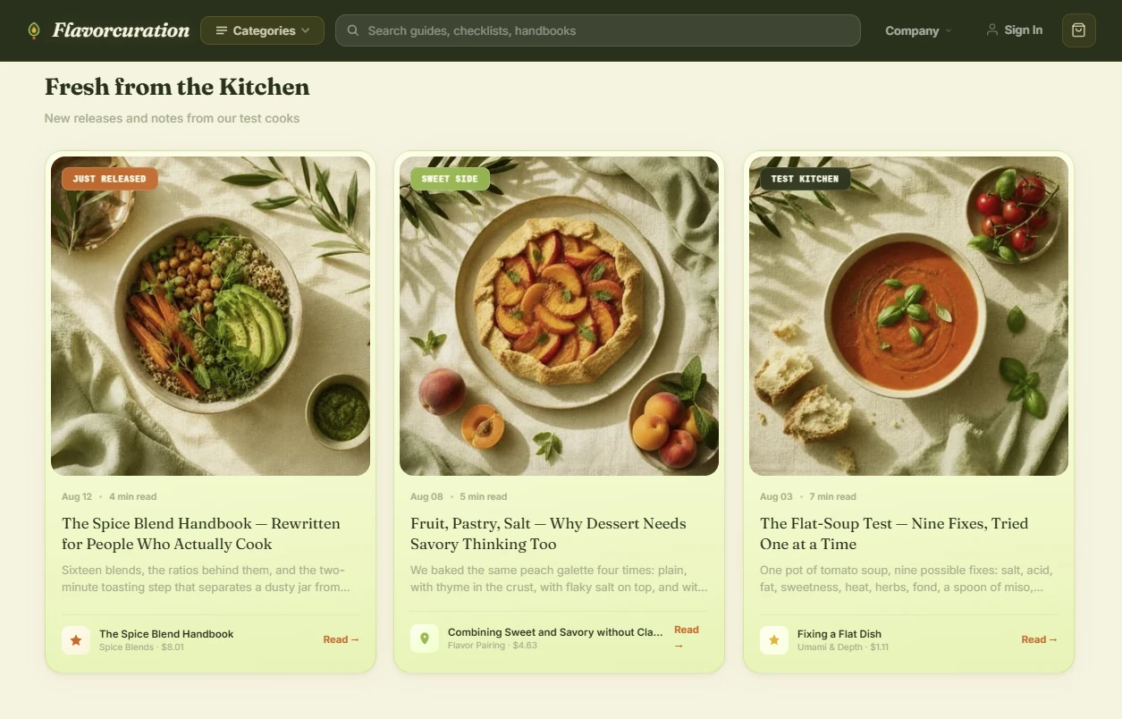 Editorial content section of the food and cooking store design