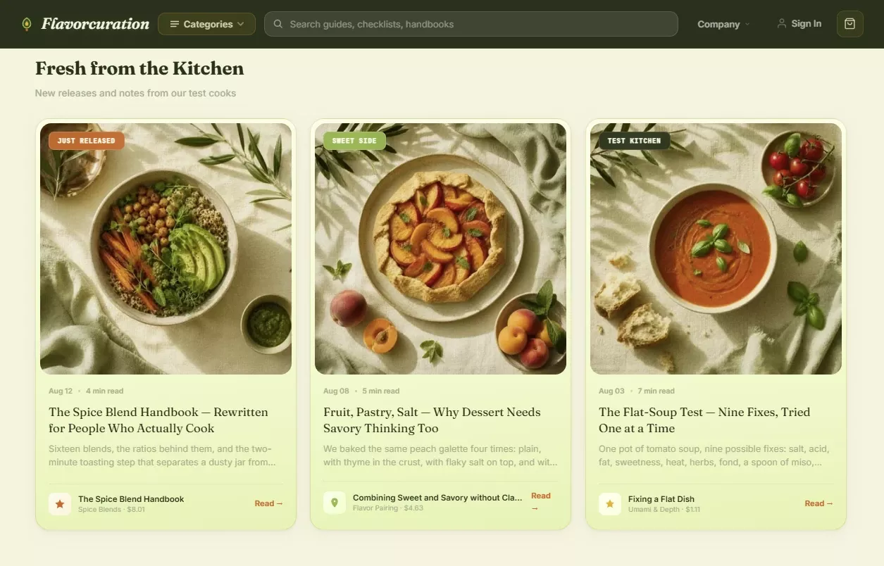 Editorial content section of the food and cooking store design