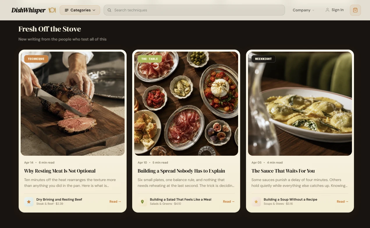 Editorial content section of the cooking and recipes store design