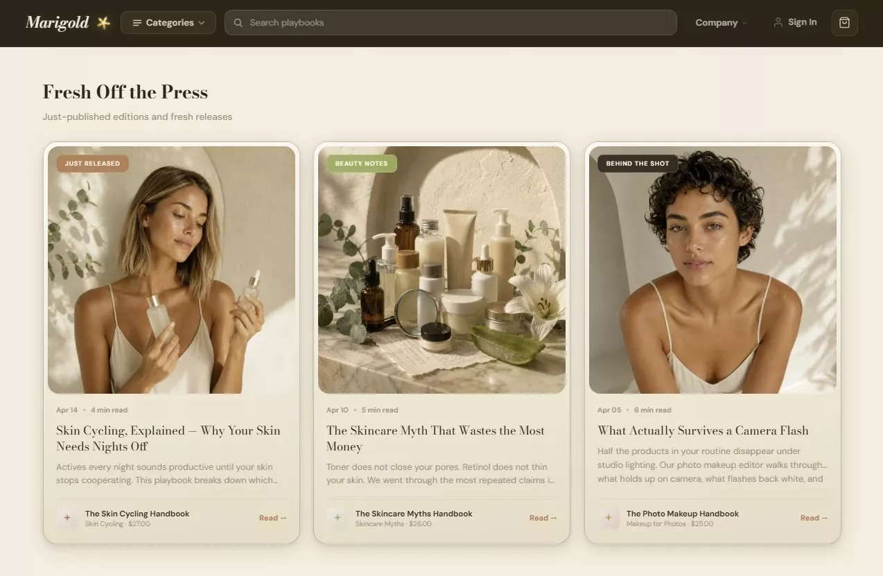 Editorial content section of the skincare and self-care store design