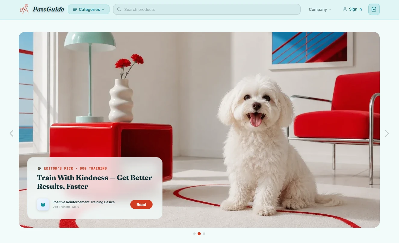 Homepage of the pet lovers store design