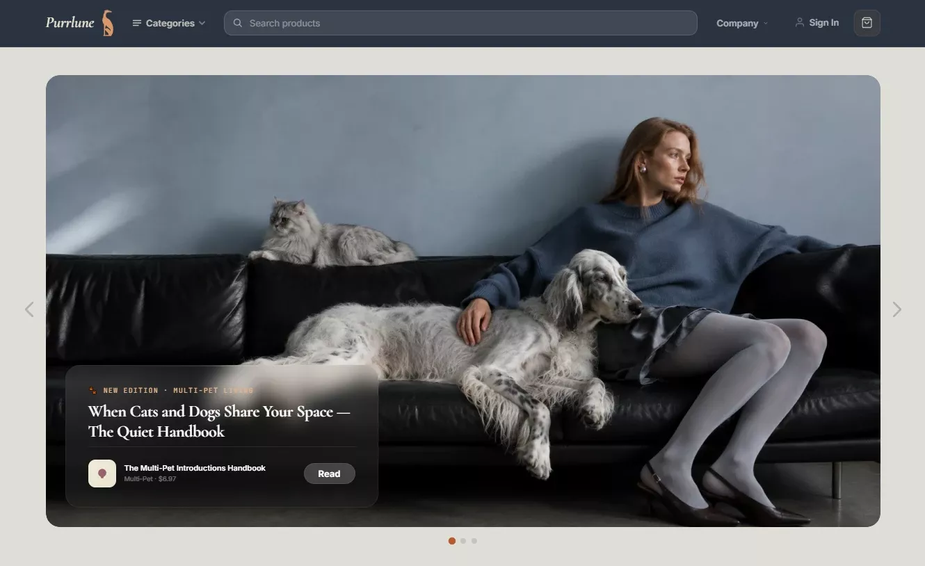 Homepage of the pet lifestyle store design