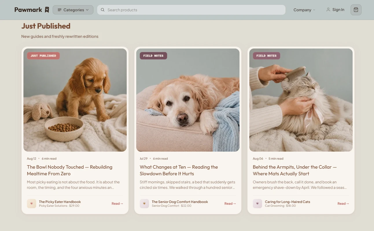 Just Published section of the pet health and wellness store design