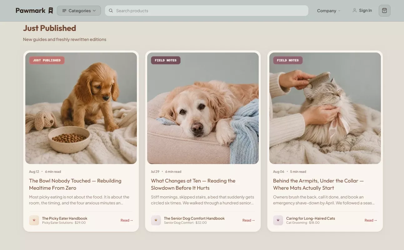 Just Published section of the pet health and wellness store design