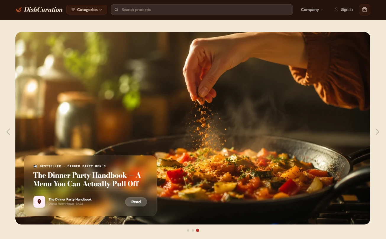 Homepage of the food and cooking store design