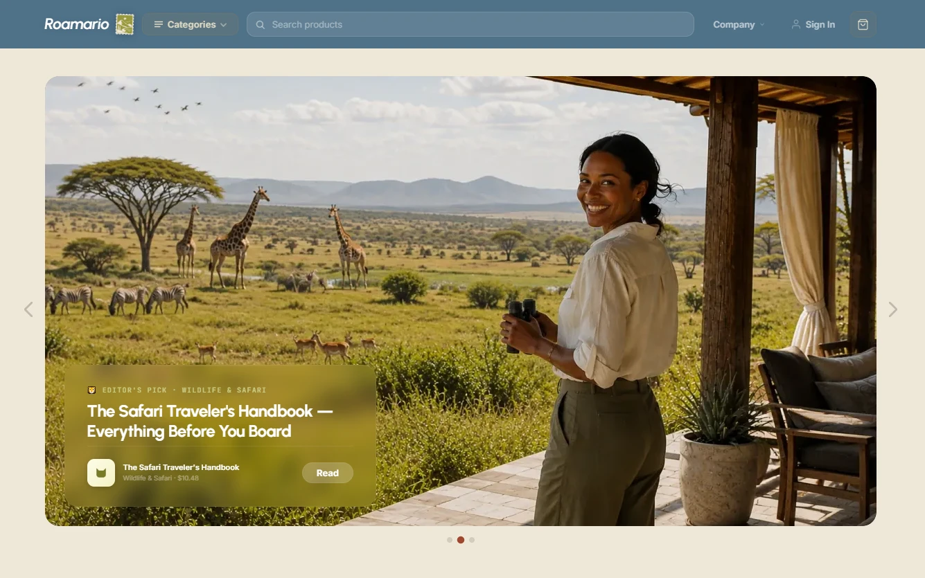 Homepage of the travel essentials and packing store design
