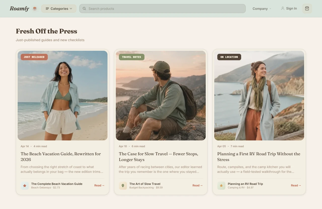 Product listing of the road trip and route planning store design