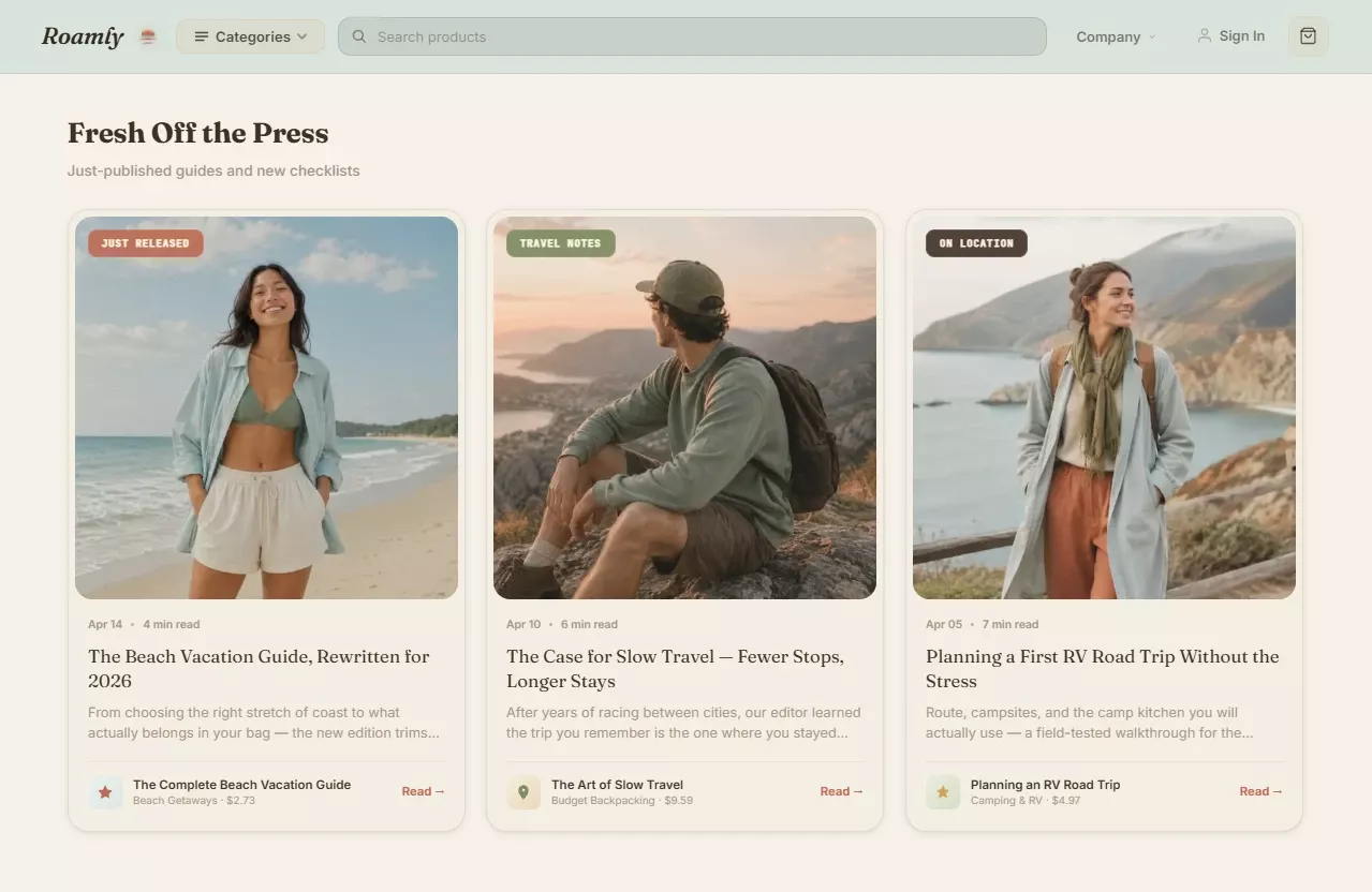 Product listing of the road trip and route planning store design