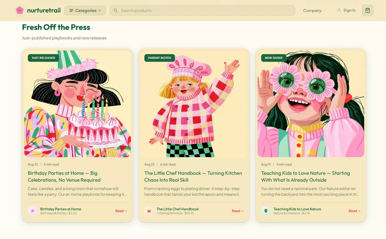 Fresh Off the Press section of the gentle parenting store design