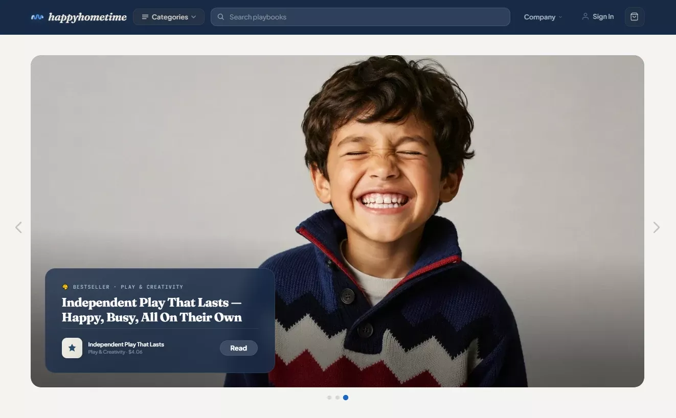 Homepage of the kids and family activities store design