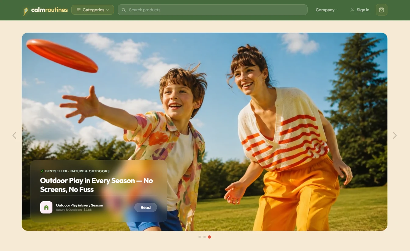 Homepage of the calm kids and daily routines store design