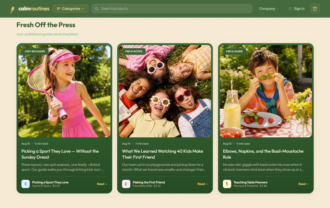 Product listing of the calm kids and daily routines store design