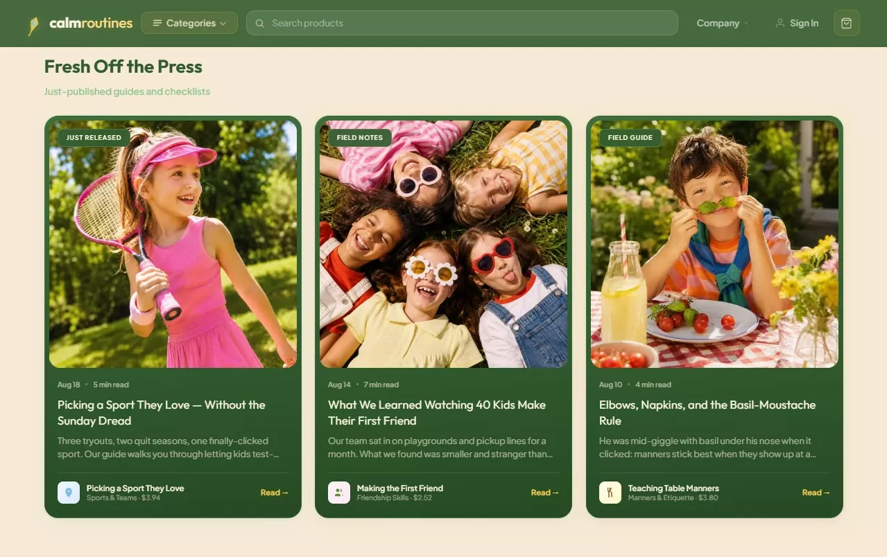 Product listing of the calm kids and daily routines store design