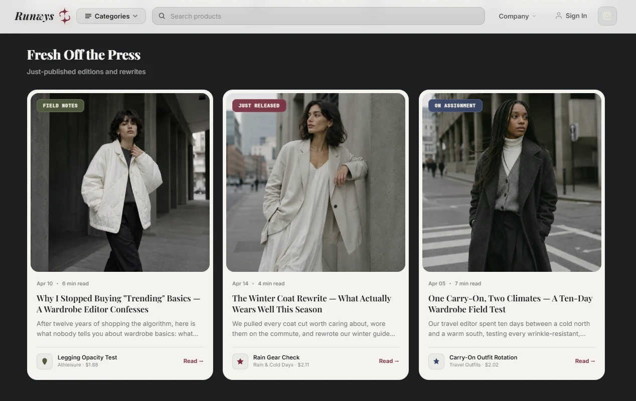Product listing of the runway trends store design