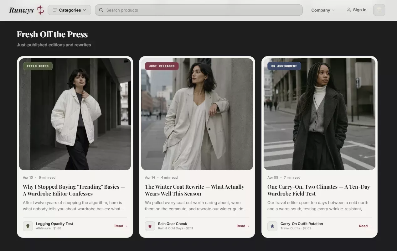 Product listing of the runway trends store design