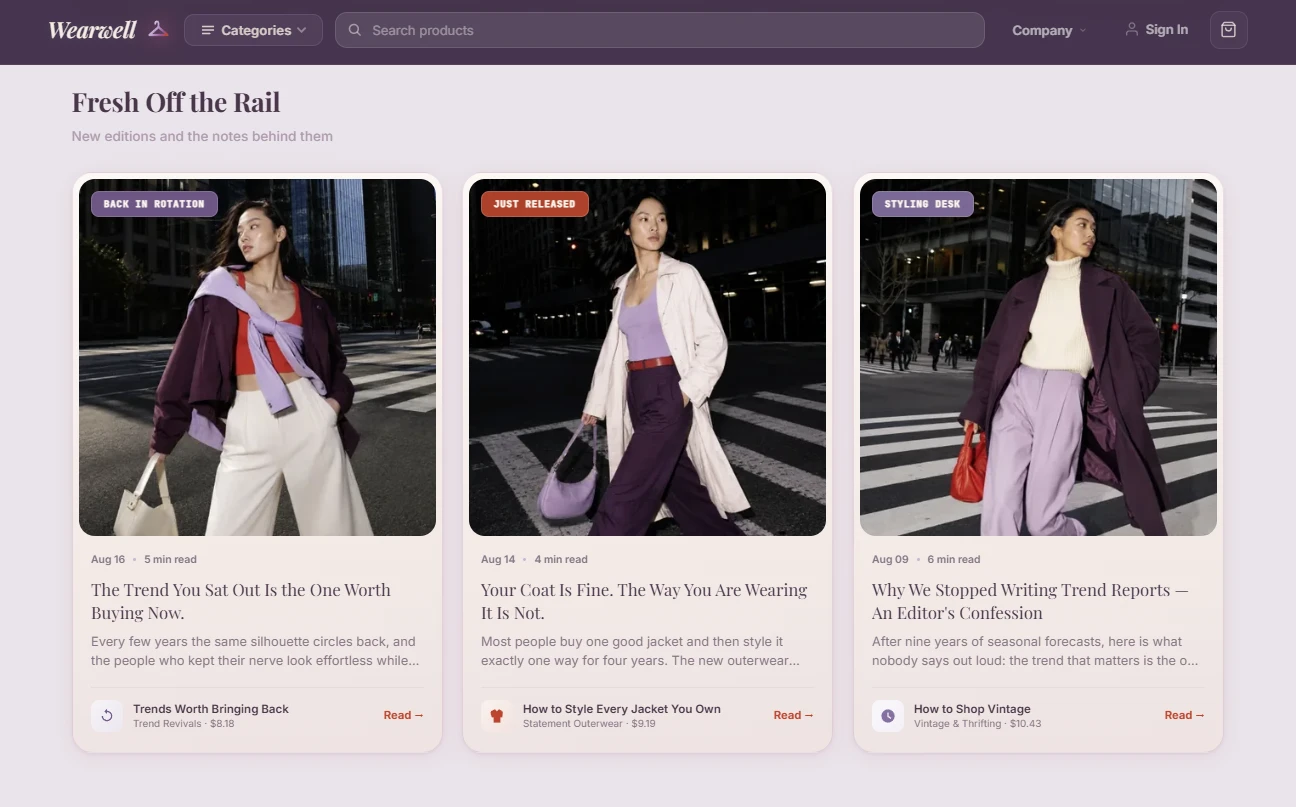 Product listing of the fashion and lifestyle store design